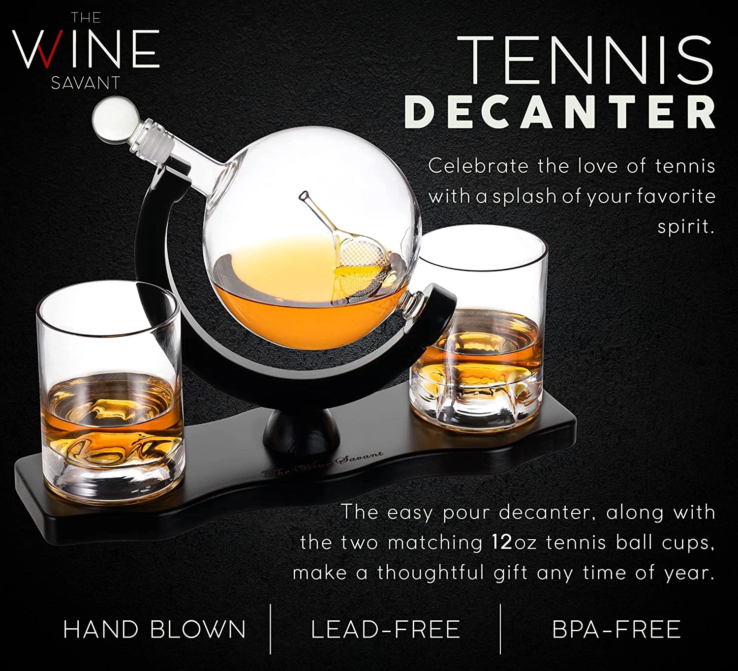 Globe Whiskey Decanter Set With 2 Liquor Glasses - Tennis Whisky Decanter & Glass Set With Elegant Mahogany Wood Base - Tennis Gifts For Dad, Men - Bourbon & Scotch Decanter - Tennis Lovers Gifts 4 Globe Whiskey Decanter Set With 2 Liquor Glasses - Tennis Whisky Decanter & Glass Set With Elegant Mahogany Wood Base - Tennis Gifts For Dad, Men - Bourbon & Scotch Decanter - Tennis Lovers Gifts - Image 4