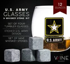 Army Globe Whiskey Decanter Set & 4 Liquor Glasses - Whisky Decanter & Glass Set With Wood Base And 9 Whiskey Stone - Father's Day US Army Licensed Gifts For Men - Bourbon Scotch Military Veteran Gift -Refined Spirits Store cin6