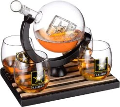 Army Globe Whiskey Decanter Set & 4 Liquor Glasses - Whisky Decanter & Glass Set With Wood Base And 9 Whiskey Stone - Father's Day US Army Licensed Gifts For Men - Bourbon Scotch Military Veteran Gift -Refined Spirits Store cin9