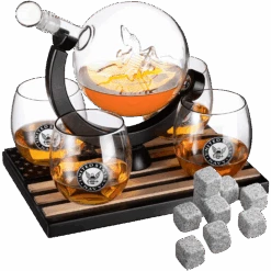 U.S. Navy Globe Whiskey Decanter Set With 4 Liquor Glasses - Navy Veteran Gift Set With Wood Base And 9 Whiskey Stones - Navy Gifts For Men, U.S.A Flag - Bourbon And Scotch Military Gifts For Dad