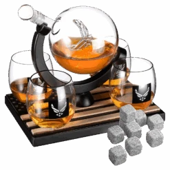 Airforce Whiskey Decanter Set With 4 Liquor Glasses Air Force Whisky Decanter & Glass Set With Wood Base & 9 Whiskey Stones - US Airforce Gifts For Men - Globe Bourbon & Scotch Gifts For Dad