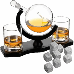 Globe Whiskey Decanter Set With 2 Liquor Glasses - Tennis Whisky Decanter & Glass Set With Elegant Mahogany Wood Base - Tennis Gifts For Dad, Men - Bourbon & Scotch Decanter - Tennis Lovers Gifts