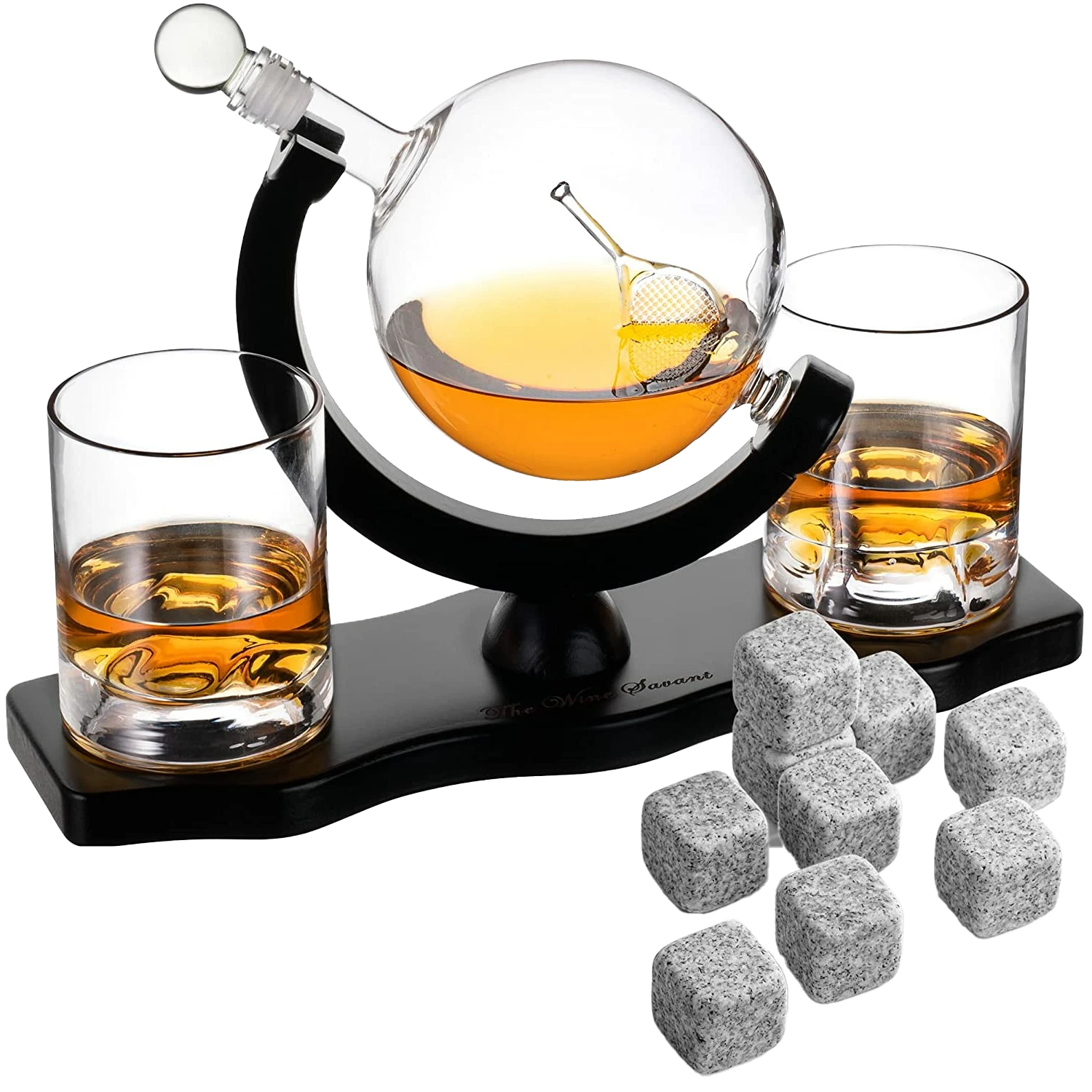 Globe Whiskey Decanter Set With 2 Liquor Glasses - Tennis Whisky Decanter & Glass Set With Elegant Mahogany Wood Base - Tennis Gifts For Dad, Men - Bourbon & Scotch Decanter - Tennis Lovers Gifts 1 Globe Whiskey Decanter Set With 2 Liquor Glasses - Tennis Whisky Decanter & Glass Set With Elegant Mahogany Wood Base - Tennis Gifts For Dad, Men - Bourbon & Scotch Decanter - Tennis Lovers Gifts