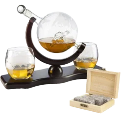 The Wine Savant Globe Car Whiskey Decanter - With 2 Globe Glasses, Includes Whiskey Stones For Whiskey, Scotch, Bourbon Or Wine Matching Globe Glasses, HOME BAR DECOR Clear