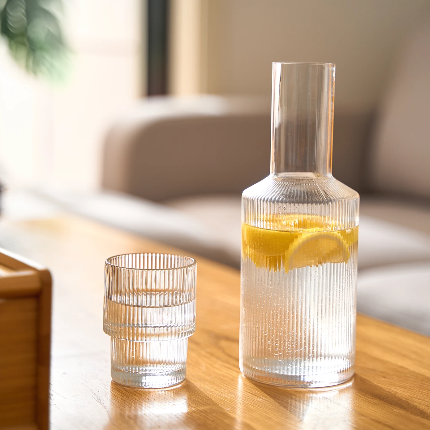 Bedside Water Carafe & Tumbler Set | 2-Piece Set | Crystal Elegant Ribbed Night Glass Pitcher - 900 ML - Bedroom Nightstand Serving Decanter Dispenser For Water, Juice, Tea Drinks, Pitcher & Cup Set 2 Bedside Water Carafe & Tumbler Set | 2-Piece Set | Crystal Elegant Ribbed Night Glass Pitcher - 900 ML - Bedroom Nightstand Serving Decanter Dispenser For Water, Juice, Tea Drinks, Pitcher & Cup Set - Image 2