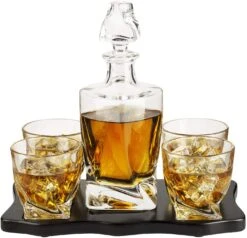 The Wine Savant Italian Crafted Crystal 5 Piece European Style Wine & Whiskey Decanter 855ml With 4 Glasses & Wood Sophisticated Tray Set Spirits, Scotch, & Bourbon Whiskey Decanter Sets For Men -Refined Spirits Store eurp2