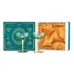 Colored Coupe Art Deco Glasses, Gold | Set Of 2 | 12 Oz Classic Cocktail Glassware For Champagne, Martini, Manhattan, Sidecar, Crystal Speakeasy Style Goblets Stems, Vintage Blue, Teal, Green