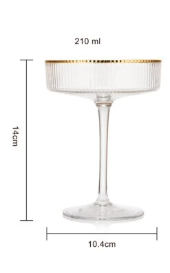 Ribbed Coupe Cocktail Glasses With Gold Rim 8 Oz | Set Of 2 | Classic Manhattan Glasses For Cocktails, Champagne Coupe, Ripple Coupe Glasses, Art Deco Gatsby Vintage, Crystal With Stems -Refined Spirits Store goldrim1 2