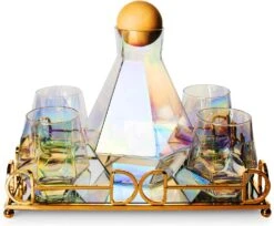 Diamond Iridescent Glass Diamond Decanter And Glasses Set, The Wine Savant Rainbow Iridescent Comes With A Diamond Decanter 4 Whiskey/Wine Diamond Glasses, 1 Tray And A Perfect Box -Refined Spirits Store iri4