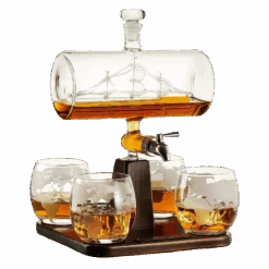 Whiskey & Wine Decanter Gifts For Men & Dad, Ship Decanter 1000ml, Set With 4 Globe Drinking Glasses - Cool Liquor Dispenser For Home Bar Unique Birthday Gift Ideas From Wife, Daughter, Son Present