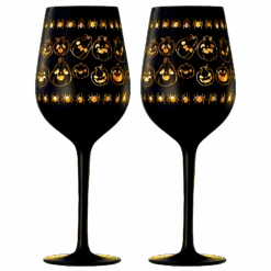 Crystal Halloween Stemmed Wine Glasses - Set Of 2 - Pumpkin Themed Vibrant Black & Gold Spooky Ghost Pattern Frosted Glass, Perfect For Themed Gothic Parties Trick Or Treat Gifts For Him Her (14 OZ)