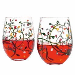 Themed Lights Stemless Wine & Water Glasses - Artisanal Hand Painted Ornament Light Bulbs Glasses - Xmas Tree - Set Of 2, 17.5oz - Santa Festive Theme Stemless Glass