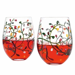 Themed Lights Stemless Wine & Water Glasses - Artisanal Hand Painted Ornament Light Bulbs Glasses - Xmas Tree - Set Of 2, 17.5oz - Santa Festive Theme Stemless Glass