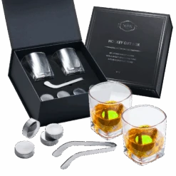 Hockey Whiskey Stones Set | 7pcs - 4 Hockey Puck Chill Stones With Cooling Gel, Hockey Stick Tongs & 2 Classy Whiskey Glasses | Prime Hockey Gifts For Coaches! | | Ideal For Him, Dad, Hockey Present