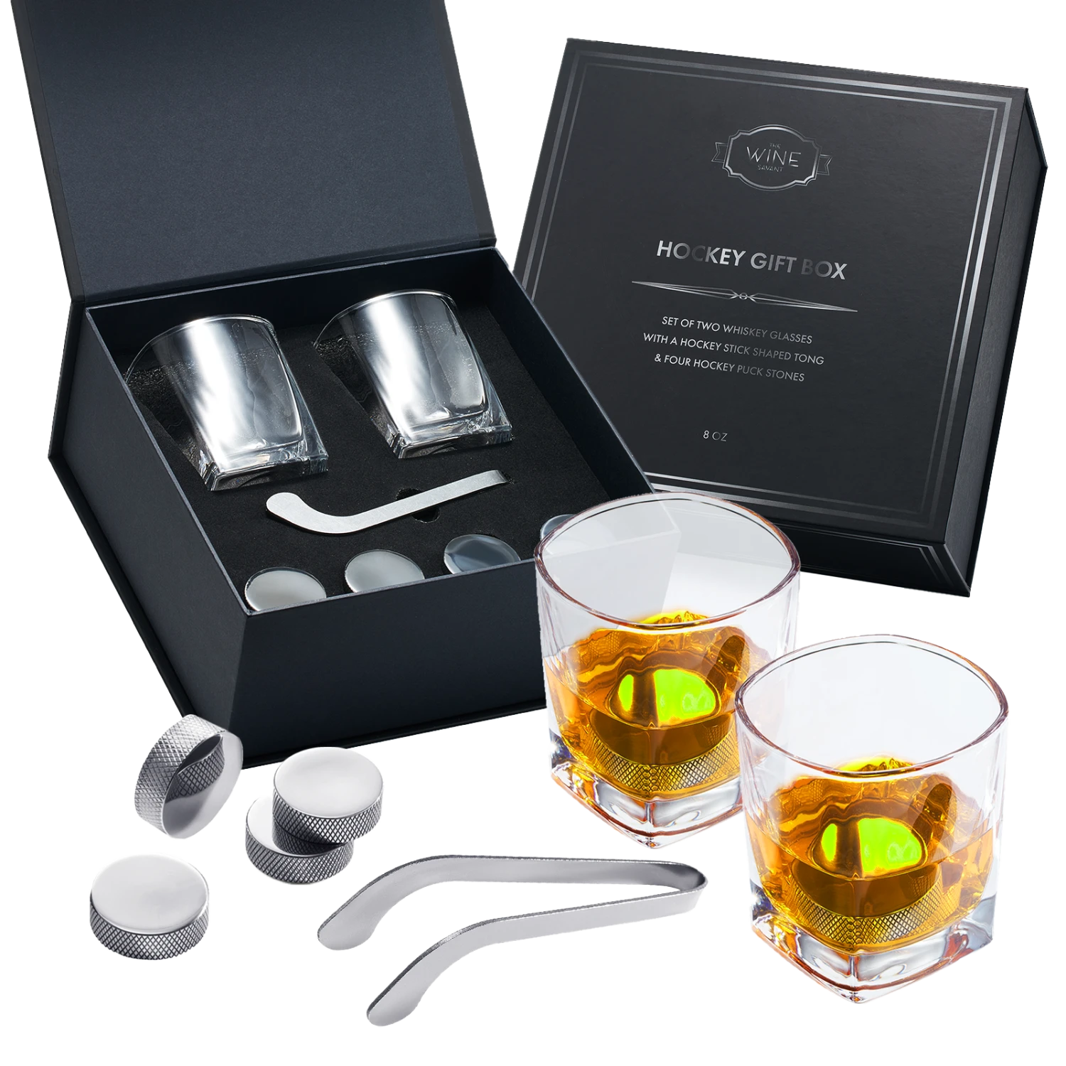 Hockey Whiskey Stones Set | 7pcs - 4 Hockey Puck Chill Stones With Cooling Gel, Hockey Stick Tongs & 2 Classy Whiskey Glasses | Prime Hockey Gifts For Coaches! | | Ideal For Him, Dad, Hockey Present 1 Hockey Whiskey Stones Set | 7pcs - 4 Hockey Puck Chill Stones With Cooling Gel, Hockey Stick Tongs & 2 Classy Whiskey Glasses | Prime Hockey Gifts For Coaches! | | Ideal For Him, Dad, Hockey Present