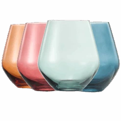 Colored Stemless Crystal Wine Glass Set Of 4, Gift For Her, Him, Wife, Friend - Large 16 Oz Glasses, Unique Italian Style Tall Drinkware - Red & White, Dinner, Color Beautiful Glassware - (Pastel)