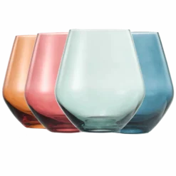 Colored Stemless Crystal Wine Glass Set Of 4, Gift For Her, Him, Wife, Friend - Large 16 Oz Glasses, Unique Italian Style Tall Drinkware - Red & White, Dinner, Color Beautiful Glassware - (Pastel)