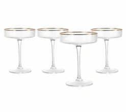 Ribbed Coupe Cocktail Glasses With Gold Rim 8 Oz | Set Of 4 | Classic Manhattan Glasses For Cocktails, Champagne Coupe, Ripple Coupe Glasses, Art Deco Gatsby Vintage, Crystal With Stems -Refined Spirits Store rrre