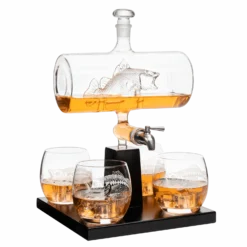 Bass Fish Wine & Whiskey Decanter Set 1100ml By The Wine Savant With 4 Bass Whiskey Glasses, Fishing Gifts, Fisherman Gifts, Boating Gifts, Drink Dispenser Scotch, Bourbon,Gifts For Dad