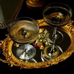 Ribbed Coupe Cocktail Glasses 8 Oz | Set Of 2 | Classic Manhattan Glasses For Cocktails, Champagne Coupe, Ripple Coupe Glasses, Art Deco Gatsby Vintage, Crystal With Stems (Smoke Grey) -Refined Spirits Store smoke grey ribbed 1 1