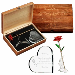 Anniversary, Birthday & Everyday 24K Gold Rose Love Box For Wife, Her, Women - Engraved Wooden Set 'To My Beautiful Love' Inscription, Includes Crystal Heart - For Birthday 1st Anniversaries